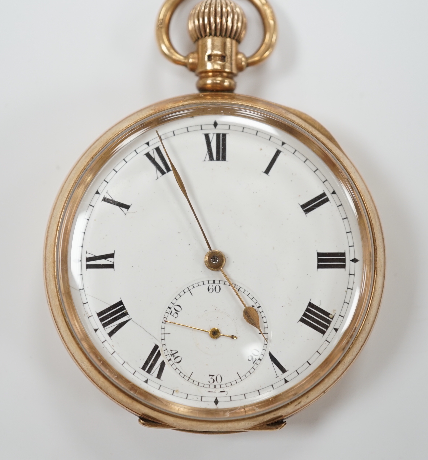 A George V 9ct gold open face keyless pocket watch, case diameter 48mm, gross weight 87.4 grams.
